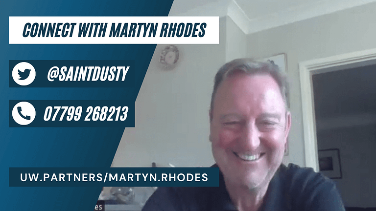 photo of Martyn Rhodes with text overlay. Connect with Martyn Rhodes. twitter @saintdusty phone 07799268213 web uw.partners/martyn.rhodes