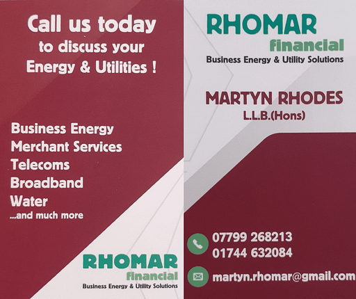 Rhomar Financial business card. Text is Call us today to discuss your Energy and Utilities. Business Energy, Merchant Services, Telecoms, Broadband, Water and much more.